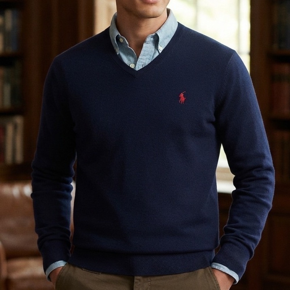 Polo Ralph Lauren Mens Navy Blue Pima Cotton V-Neck Sweater Red Pony Logo Size M